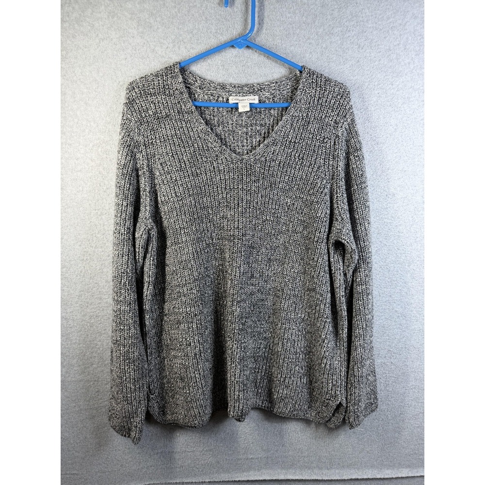 Coldwater Creek Sweater Womens Large Gray V Neck Chunky Knit Cotton Pullover